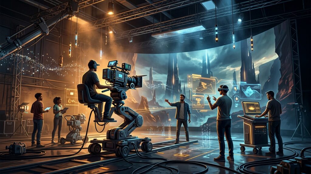 3D conceptual illustration of filmmakers working with virtual production screens and AI-assisted visual effects