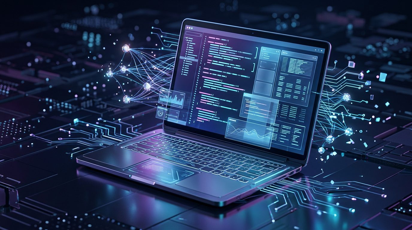 Illustration of a laptop running a locally powered AI coding model