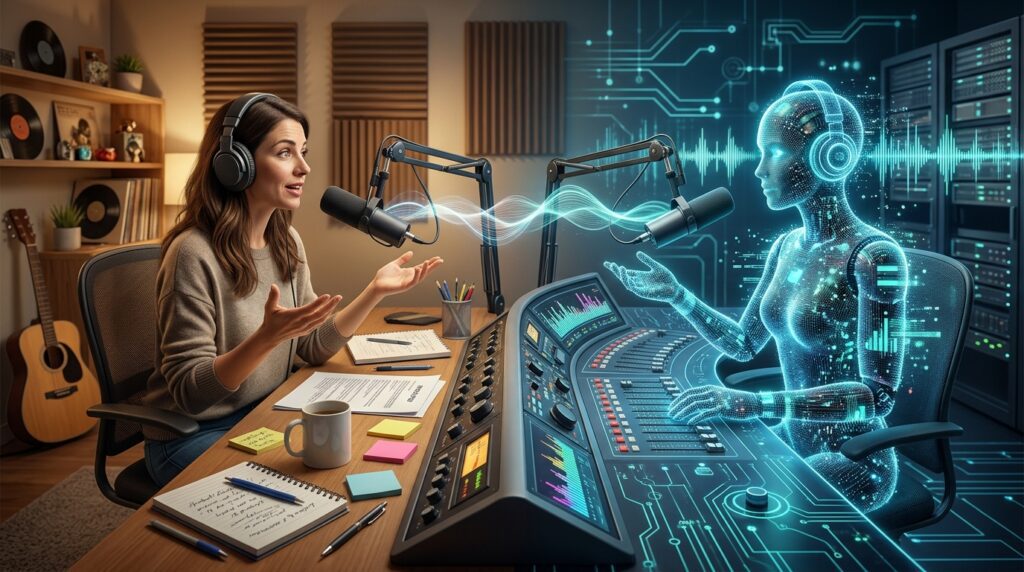 AI radio host Coyotec illustrating concerns about automation and human employment in radio broadcasting
