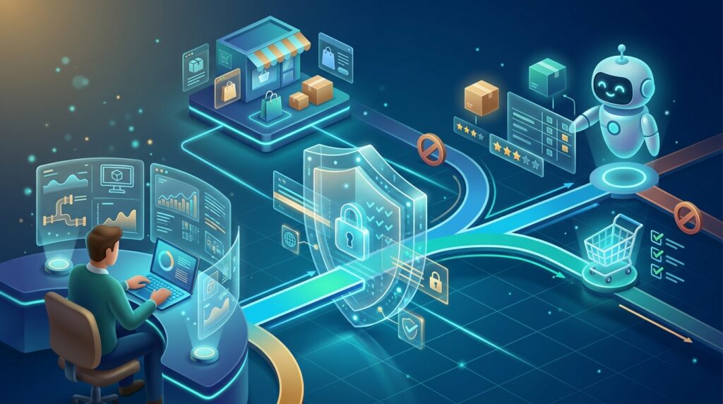 AI assistant connecting to an online store through a secure authorised gateway under human supervision