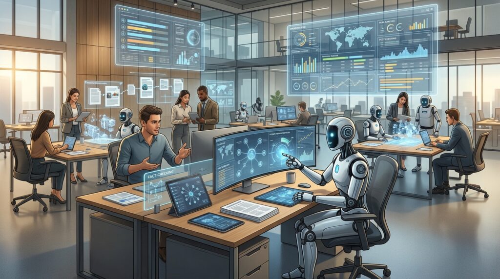 AI agents in journalism working alongside human reporters in a supervised digital newsroom