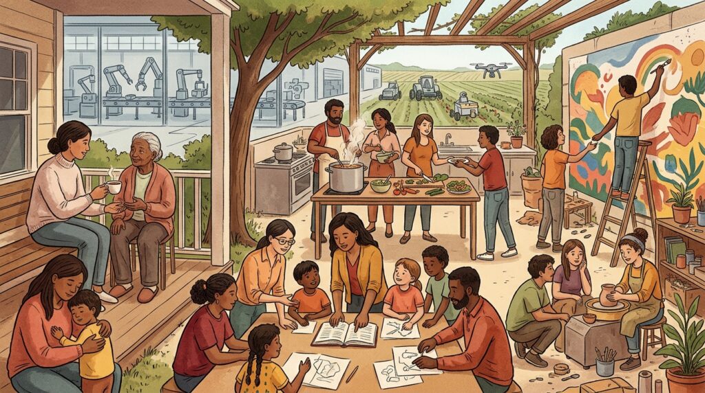 Illustration of people engaged in caregiving, teaching, art and collaborative work