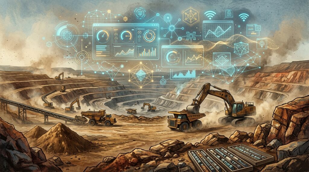 Mining machinery contrasted with abstract artificial intelligence branding