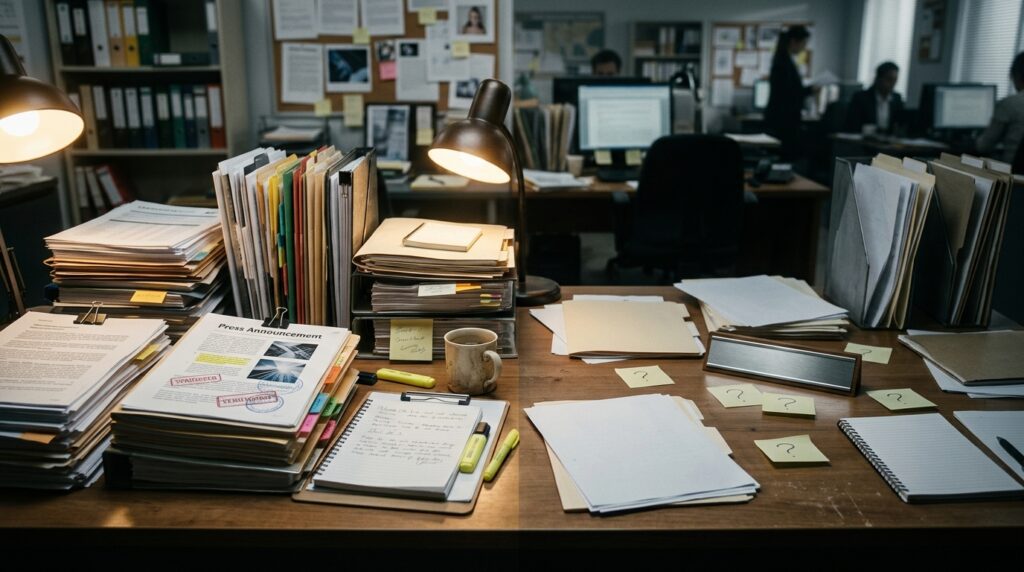 Corporate records and unanswered questions arranged on an investigative desk