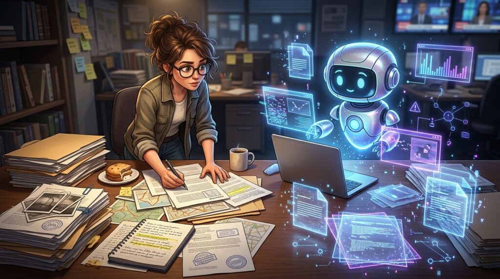 AI agents in journalism checking source documents and evidence before submitting a story