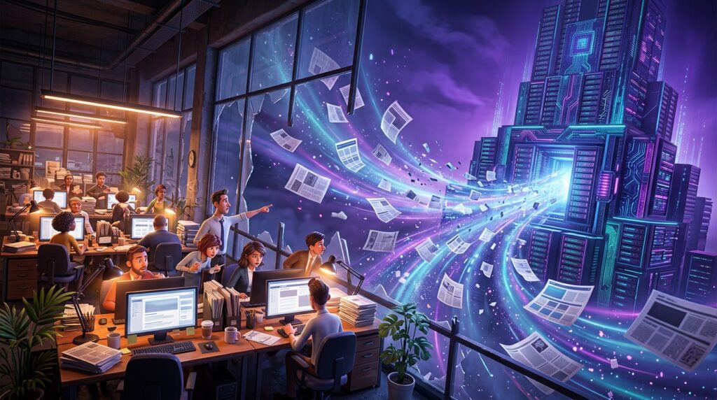 Conceptual illustration of journalists and a digital newsroom facing a large AI data system