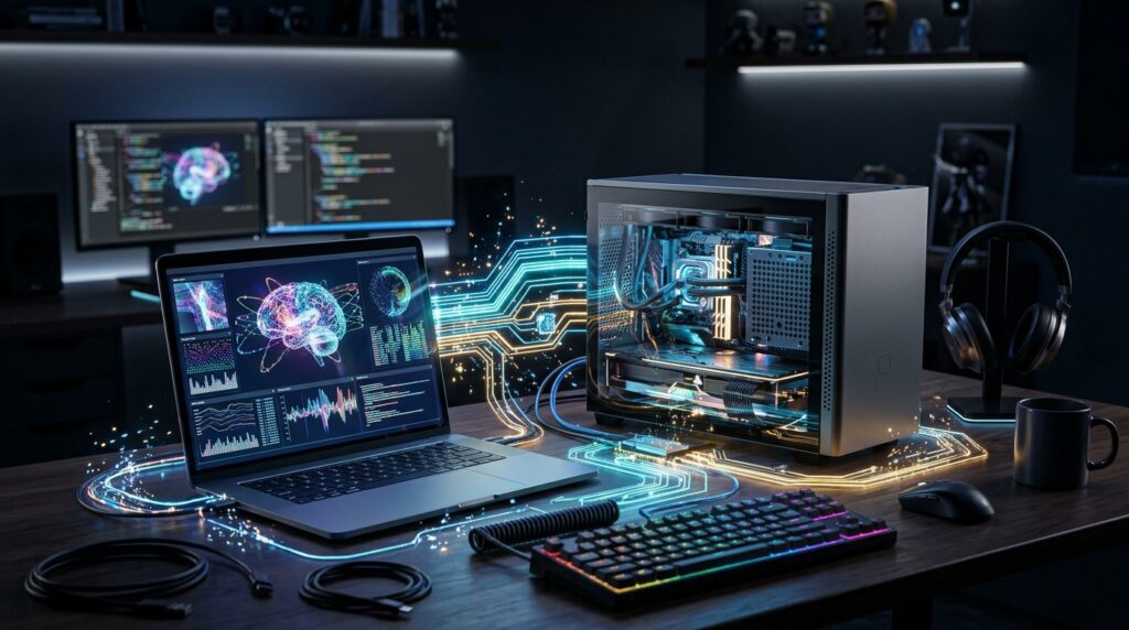 Laptop and compact computer representing local AI model execution