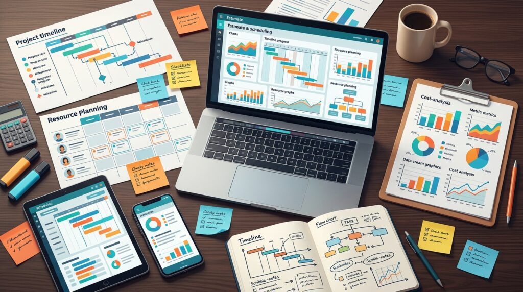 Software project planning materials beside a laptop displaying a scheduling application concept