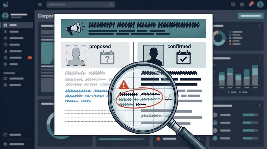 Magnifying glass examining a corporate announcement with a disputed advisory appointment