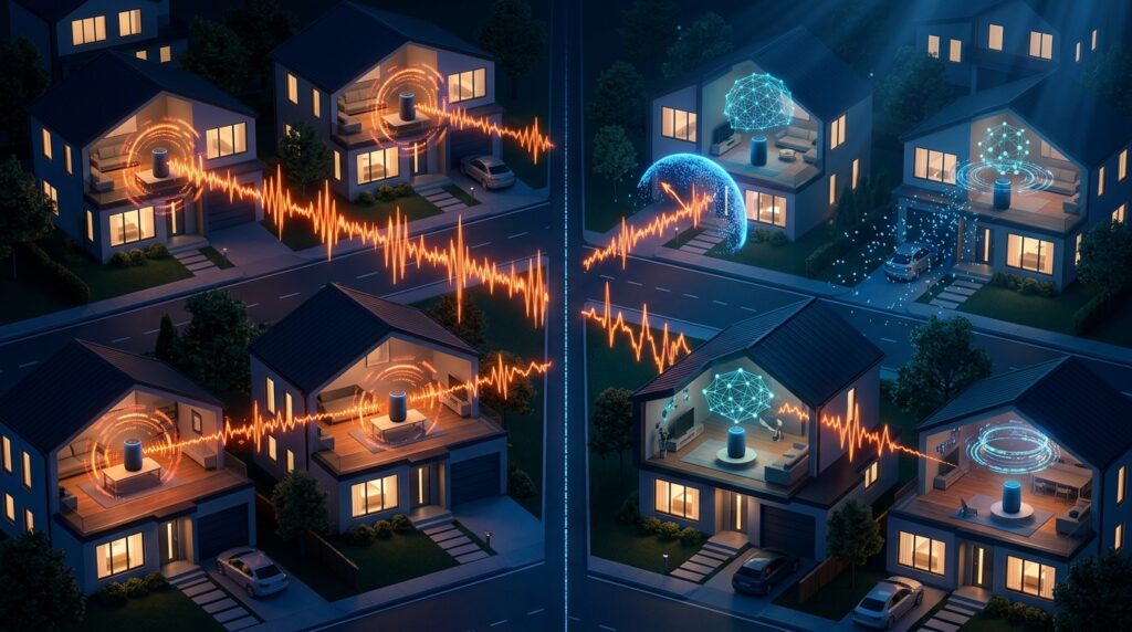 Multiple smart speakers illustrating how a reusable audio attack could affect devices running identical AI models
