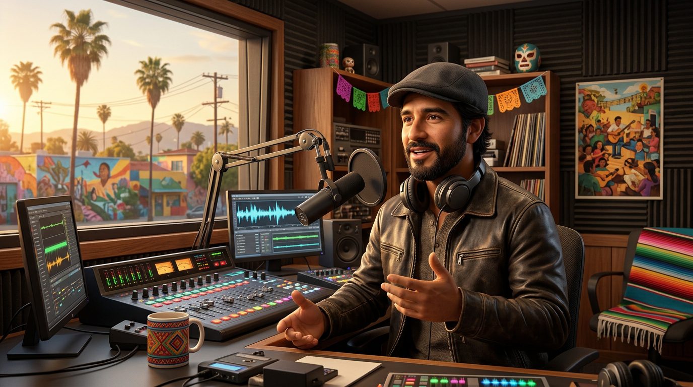 AI radio host Coyotec supporting Spanish-speaking immigrant communities in a modern radio studio