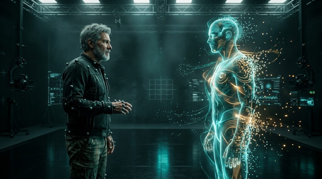 3D conceptual illustration of a fictional actor facing a glowing digital avatar