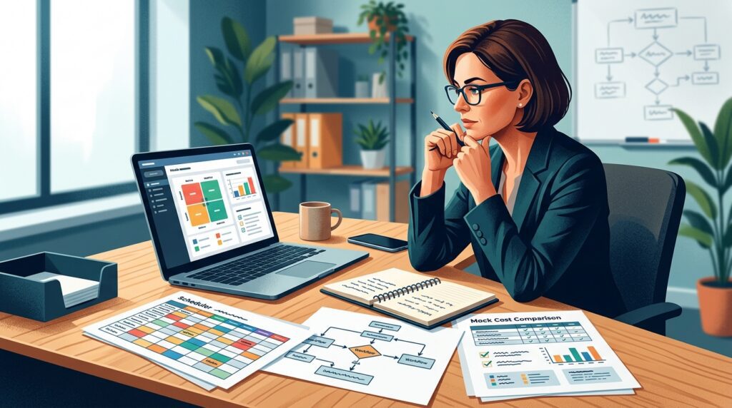 Operations manager reviewing scheduling software and service workflow requirements