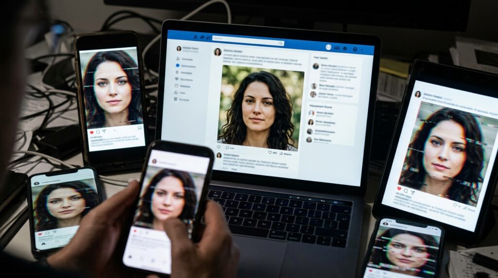 A fictional celebrity portrait duplicated across social media screens to illustrate viral AI misinformation.