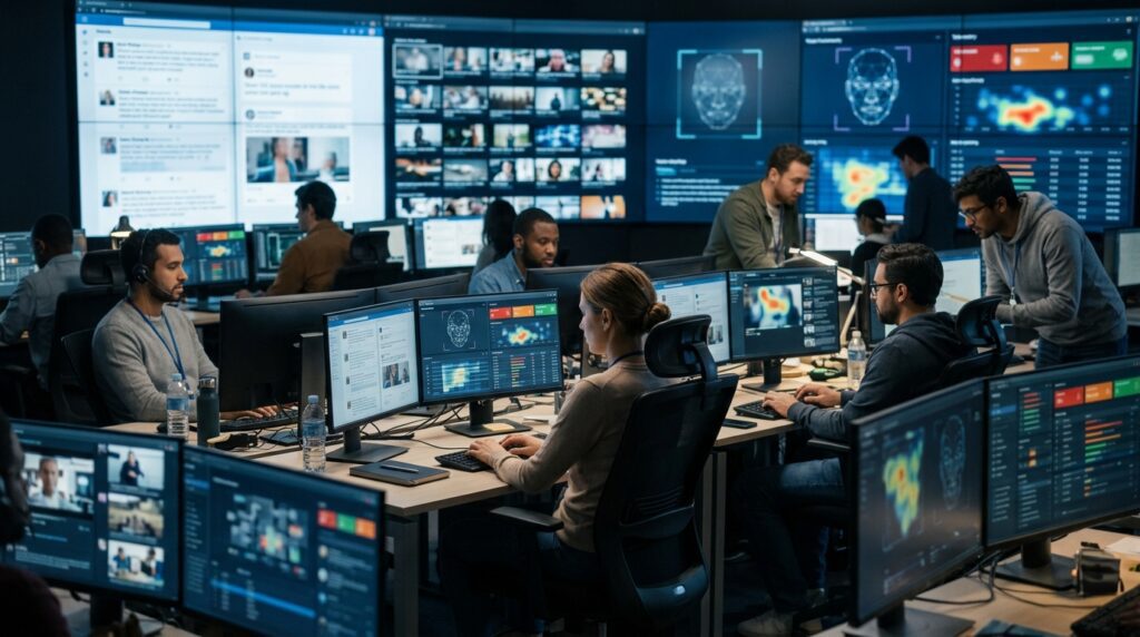 A digital trust-and-safety team reviewing potentially manipulated images and videos on computer screens.