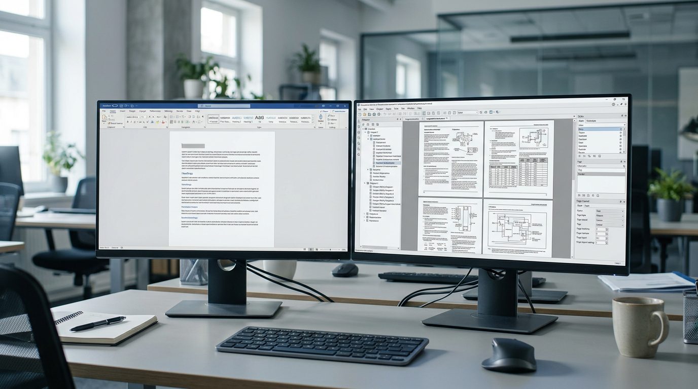 Technical documentation workspace comparing general word processing with complex manual publishing