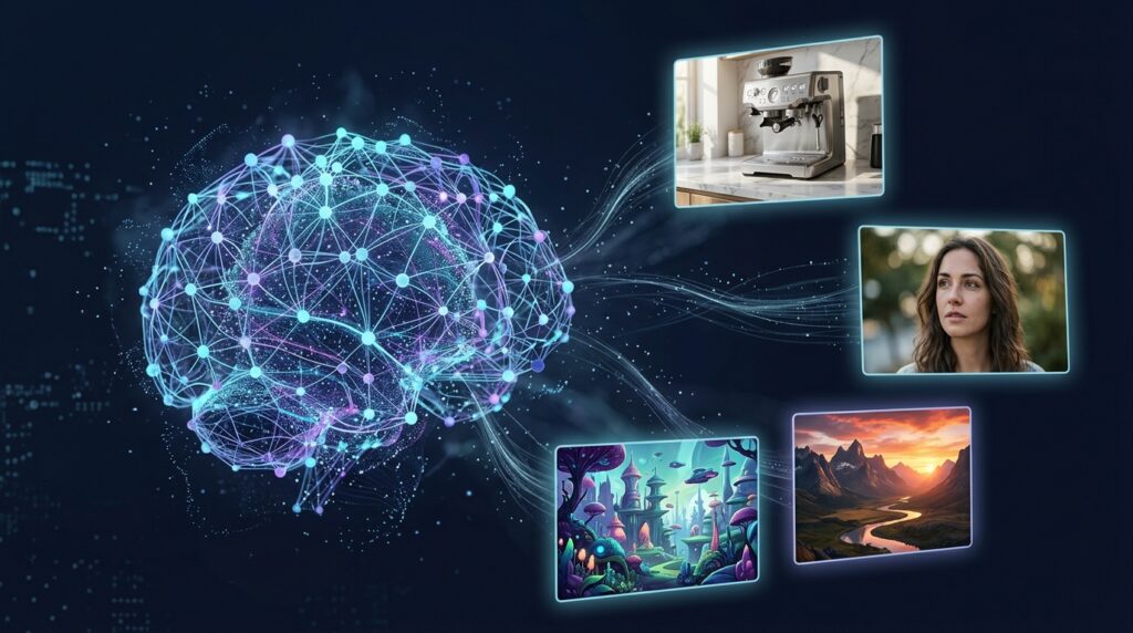 AI model concept producing product photography, portraits, landscapes and digital artwork.