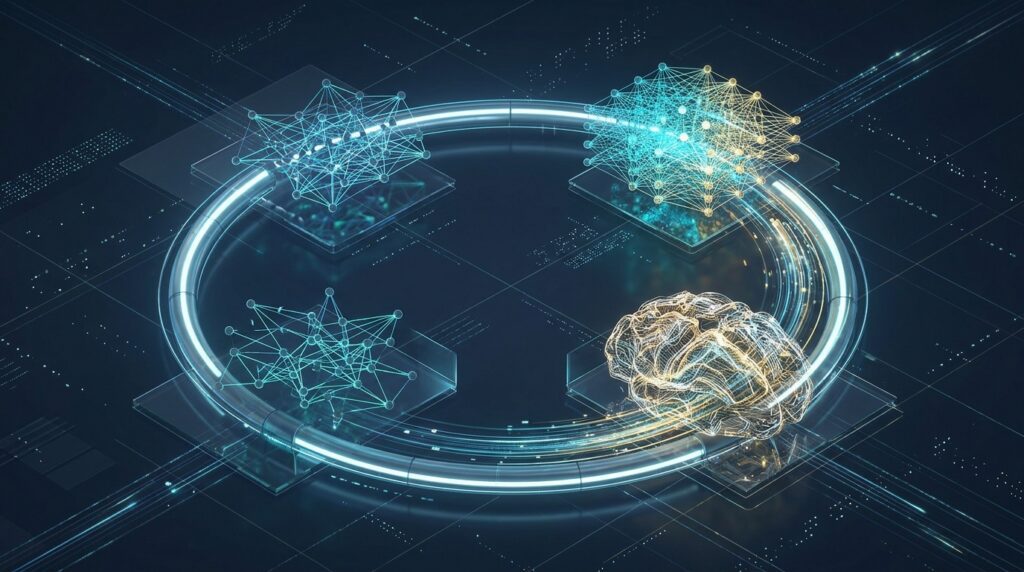 Neural-network illustration representing AI systems helping develop future models