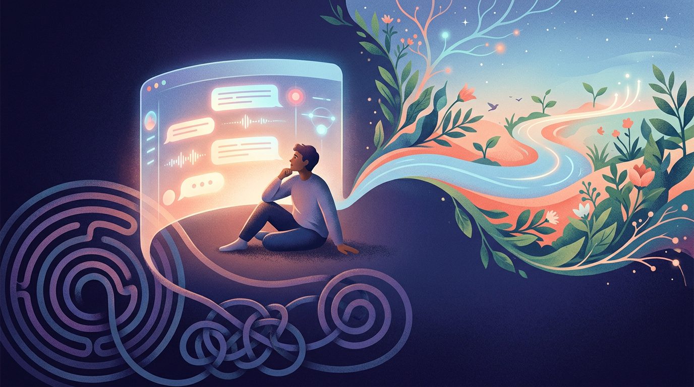 AI chatbots and mental health illustrated through supportive digital conversations and the risk of harmful thinking