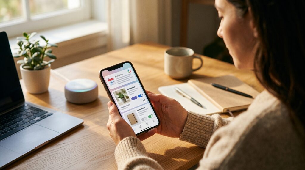 A smartphone and smart speaker representing AI reminders, optional shopping suggestions and voice-assistant integration.