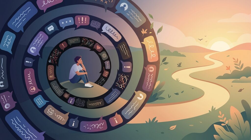 AI chatbots and mental health risks illustrated by a repetitive reassurance loop that may reinforce anxiety