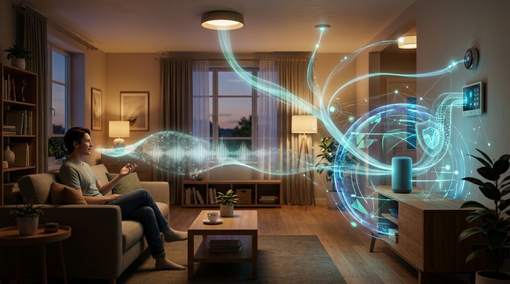 Smart speaker connected to home devices with a visualised AI security layer