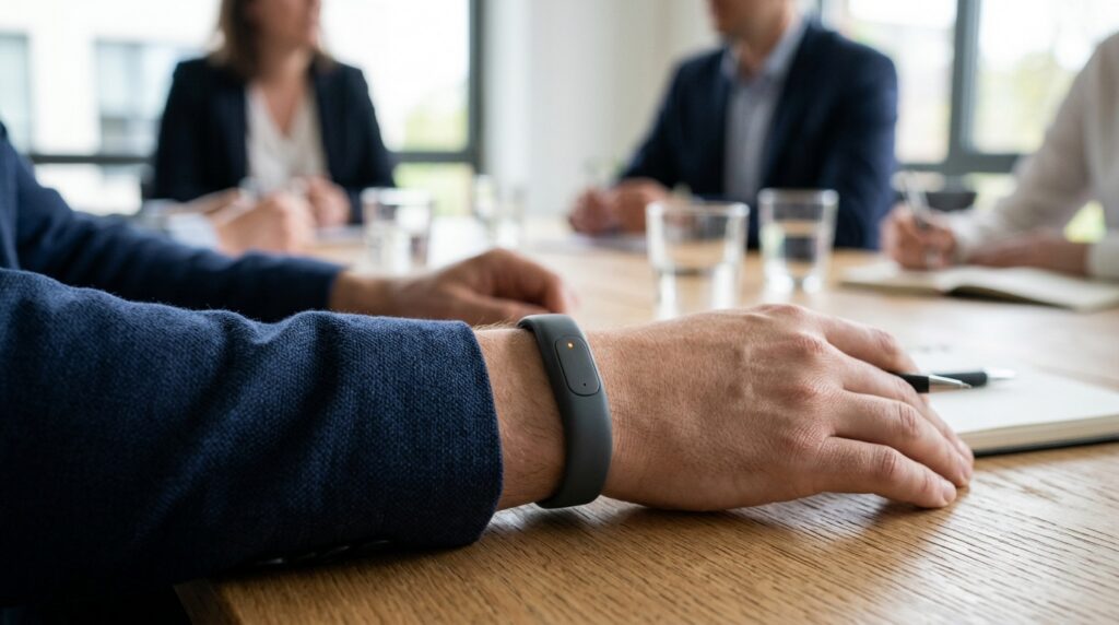 A person wearing a discreet AI note-taking wristband during a conversation.