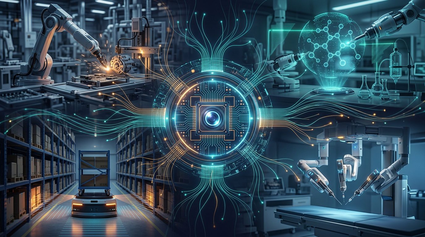 Illustrated ecosystem of physical AI featuring industrial robots, laboratory science, medical technology, and automation