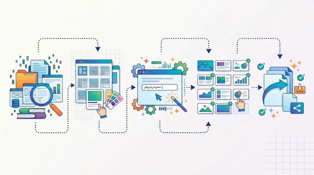 Workflow for generating, reviewing, and exporting a slide deck