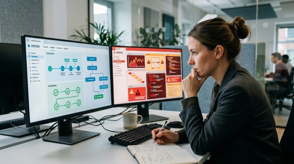 Professional supervising an automated workflow while investigating a problem that requires human judgment.
