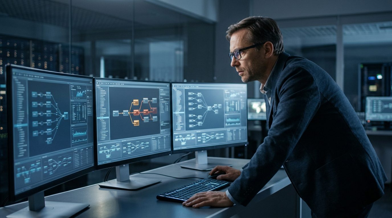 Business professional examining an AI system and preparing to correct an automated error.