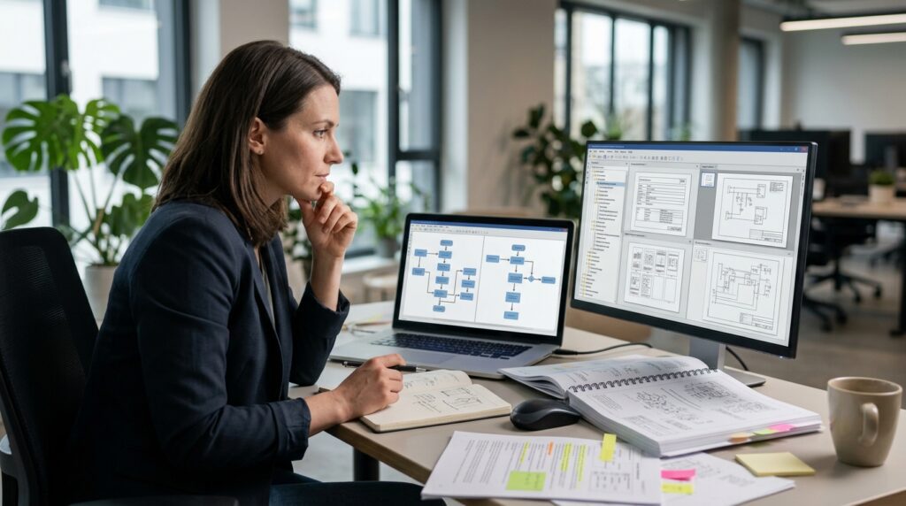 Technical documentation professional evaluating publishing tools for complex manuals
