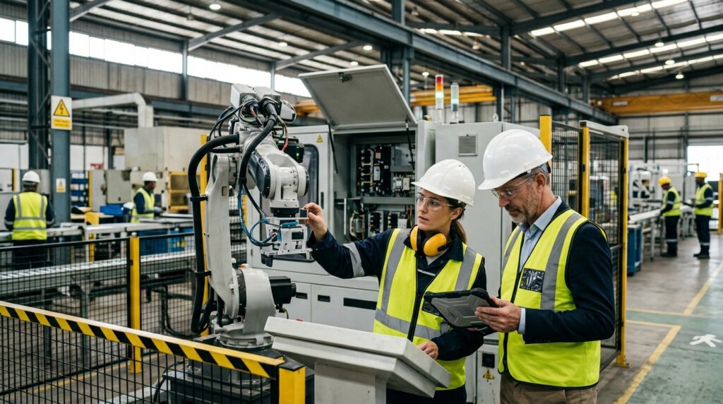 Operations manager and engineer assessing an AI-enabled industrial machine and its safety setup