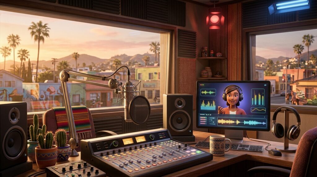 AI radio host Coyotec represented on a studio monitor in a Spanish-language broadcasting studio