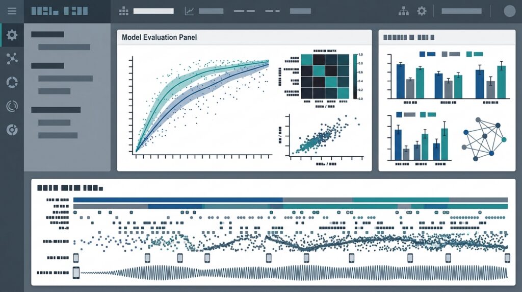 Research dashboard illustrating the evaluation of an AI model that estimates daily stress from smartphone behaviour.