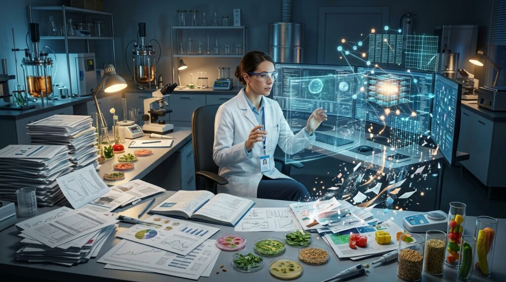 Food researcher organizing scientific papers and experimental food measurements