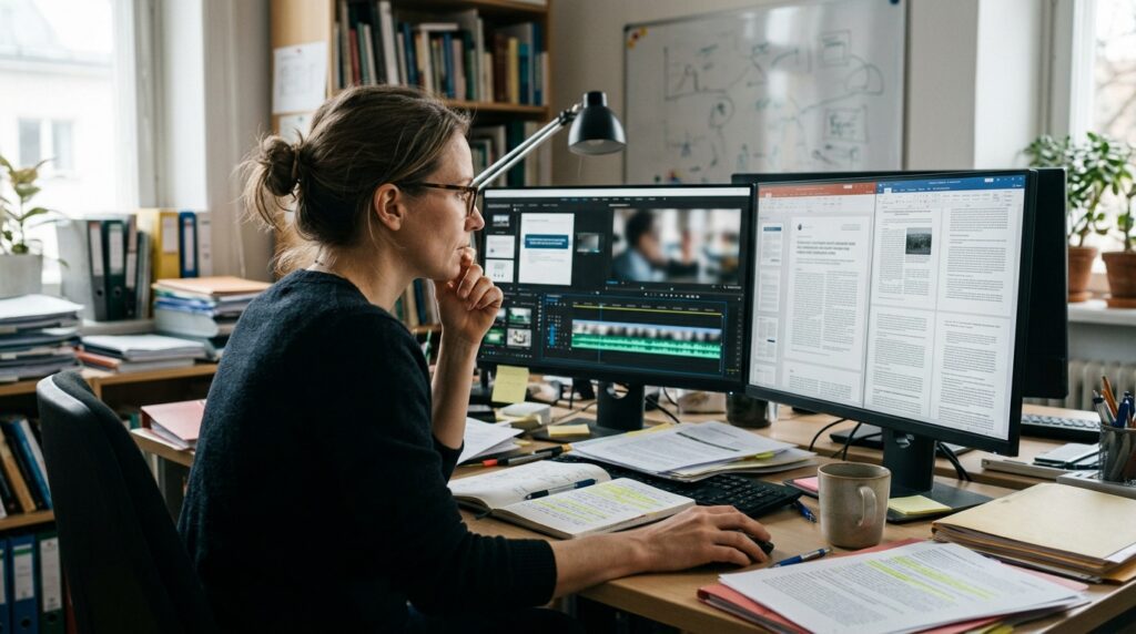 Researcher reviewing AI-generated video and presentation content against source documents