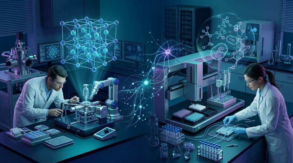 Scientists studying molecular structures and conducting laboratory experiments with automated equipment