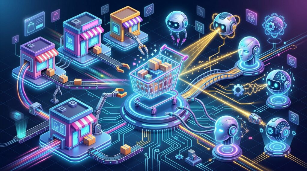 Illustration of AI assistants connecting consumers with multiple online retail platforms