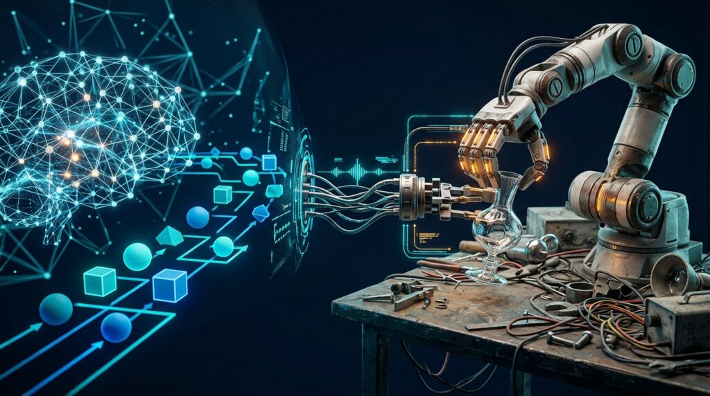 AI computing system connected to a robot carefully handling a fragile object
