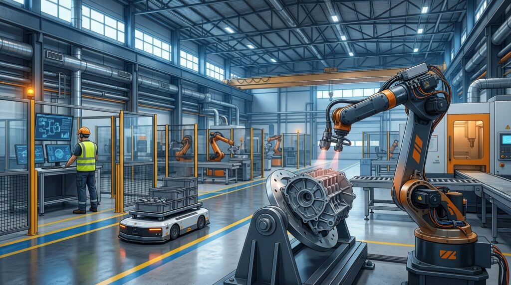 Industrial robots and autonomous mobile machines working alongside a technician in a smart factory
