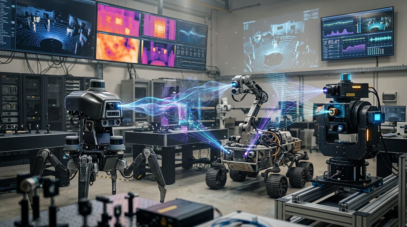 Autonomous AI agents exchanging abstract signals through a shared machine-developed communication system.