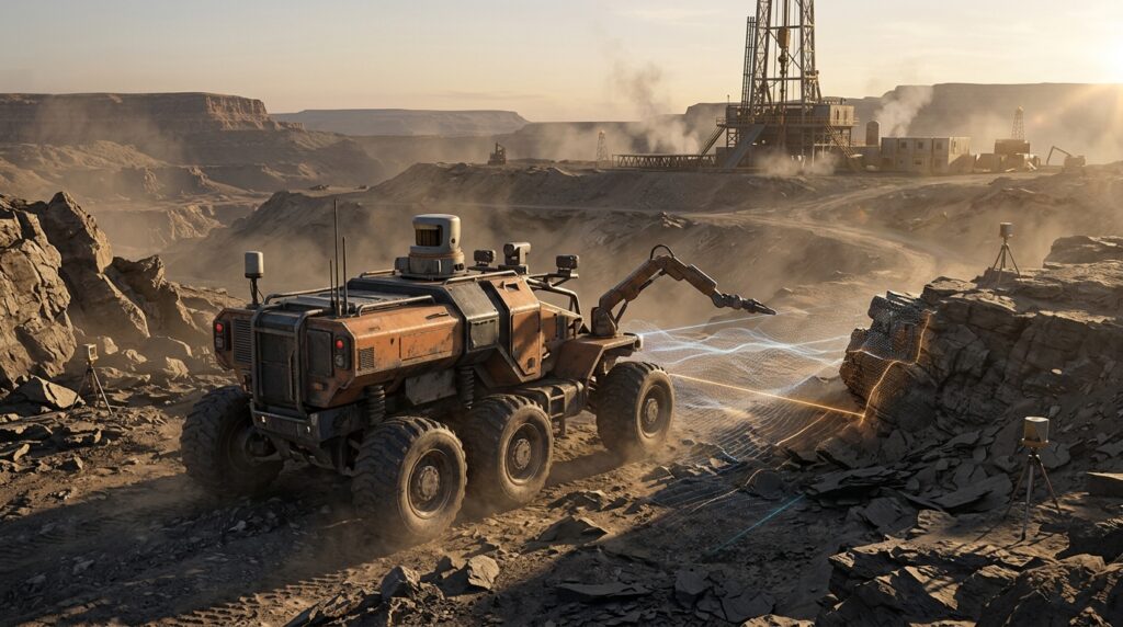 Robotic exploration vehicle surveying a rugged mineral site