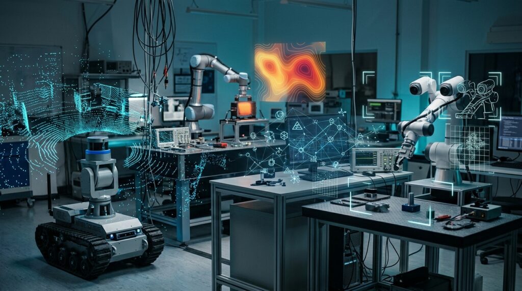 Three autonomous systems connecting different sensor inputs through a shared visual communication network.