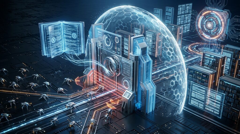 Conceptual 3D illustration of automated web crawlers approaching a protected digital website