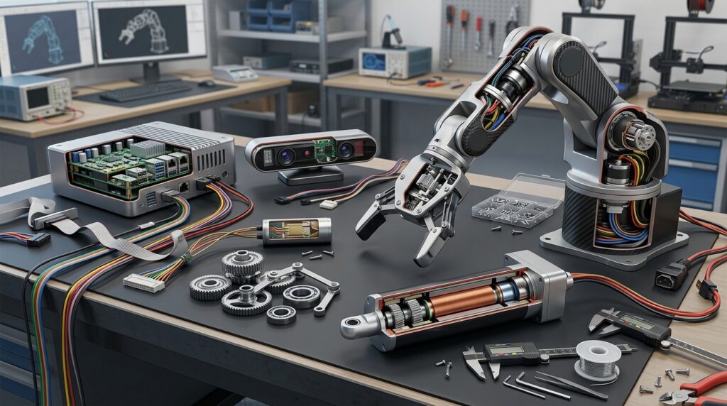 Robotic gripper, actuator, sensors, gears, and control computer arranged on an engineering workbench