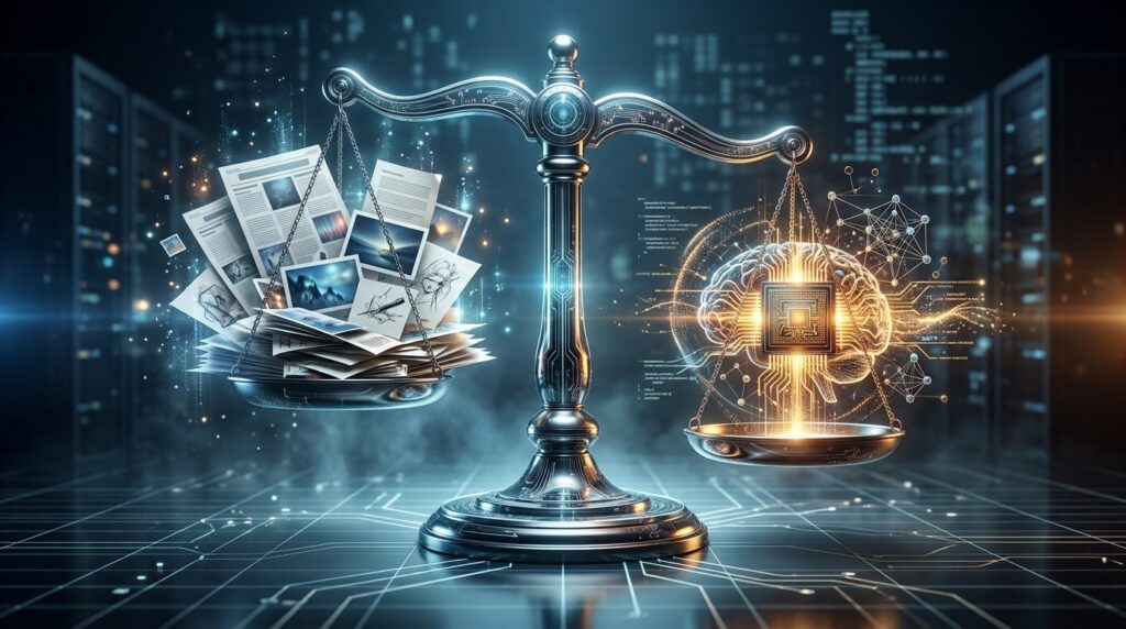 Conceptual 3D balance scale comparing copyrighted journalism with AI training technology