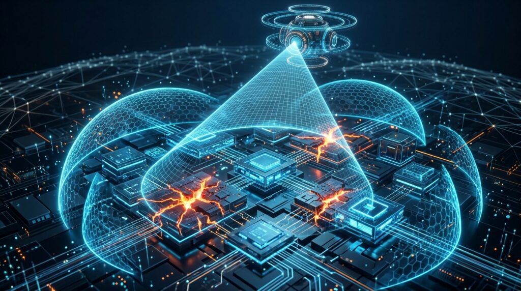 AI-discovered bugs highlighted inside a complex software architecture