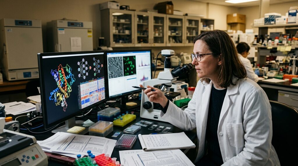 Researcher comparing AI predictions with biological laboratory evidence