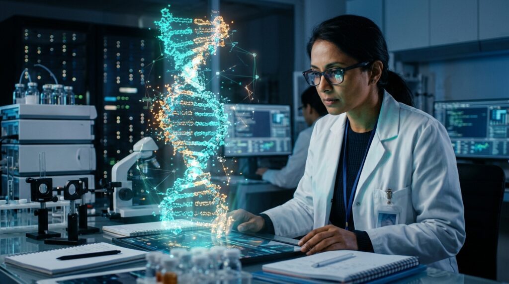Scientist studying a complex three-dimensional DNA structure